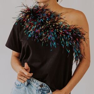 QOS Black One-Shoulder Top with Colorful Feather Detail